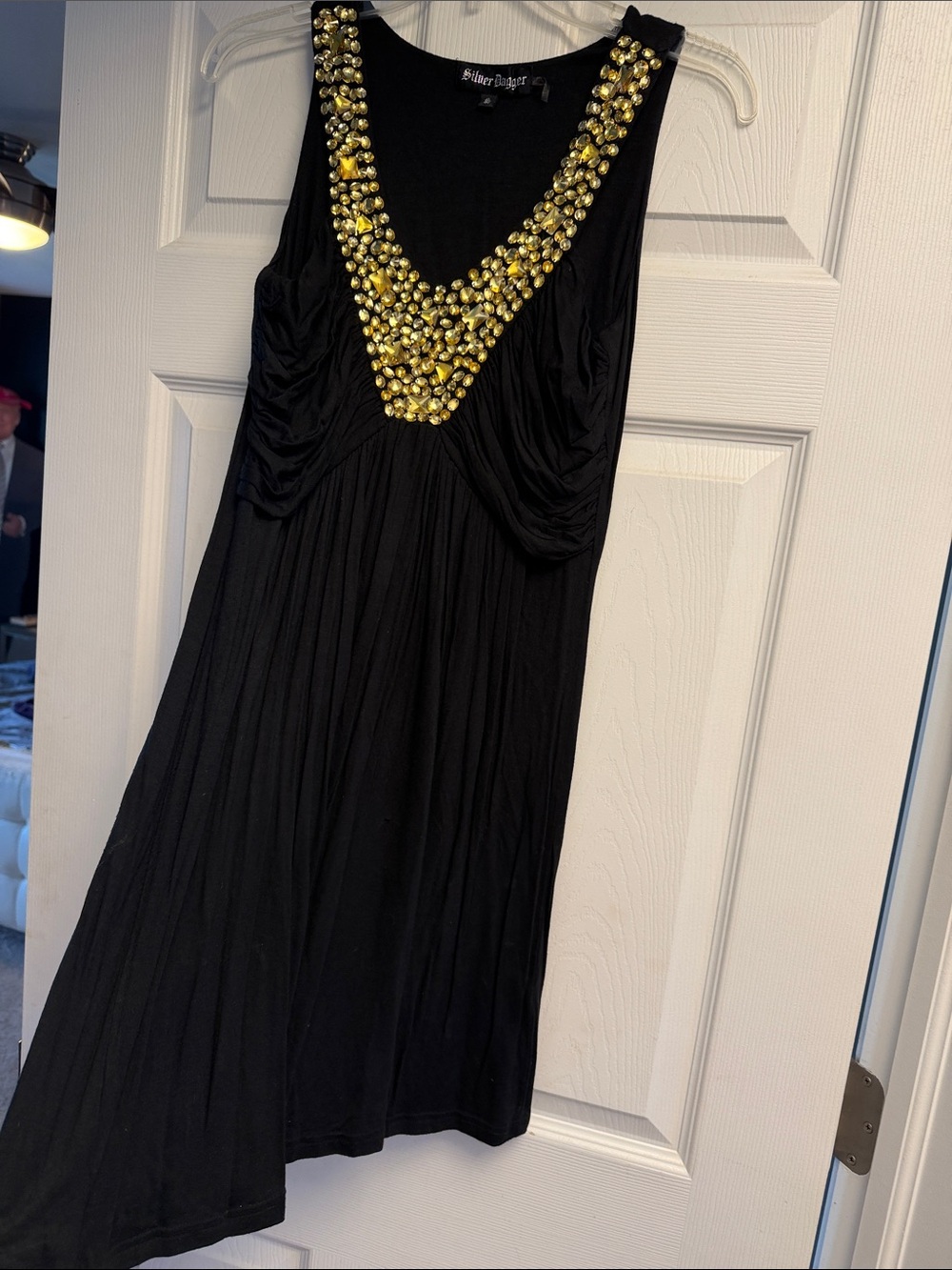 Black Sleeveless Dress with Gold Beaded V-Neck